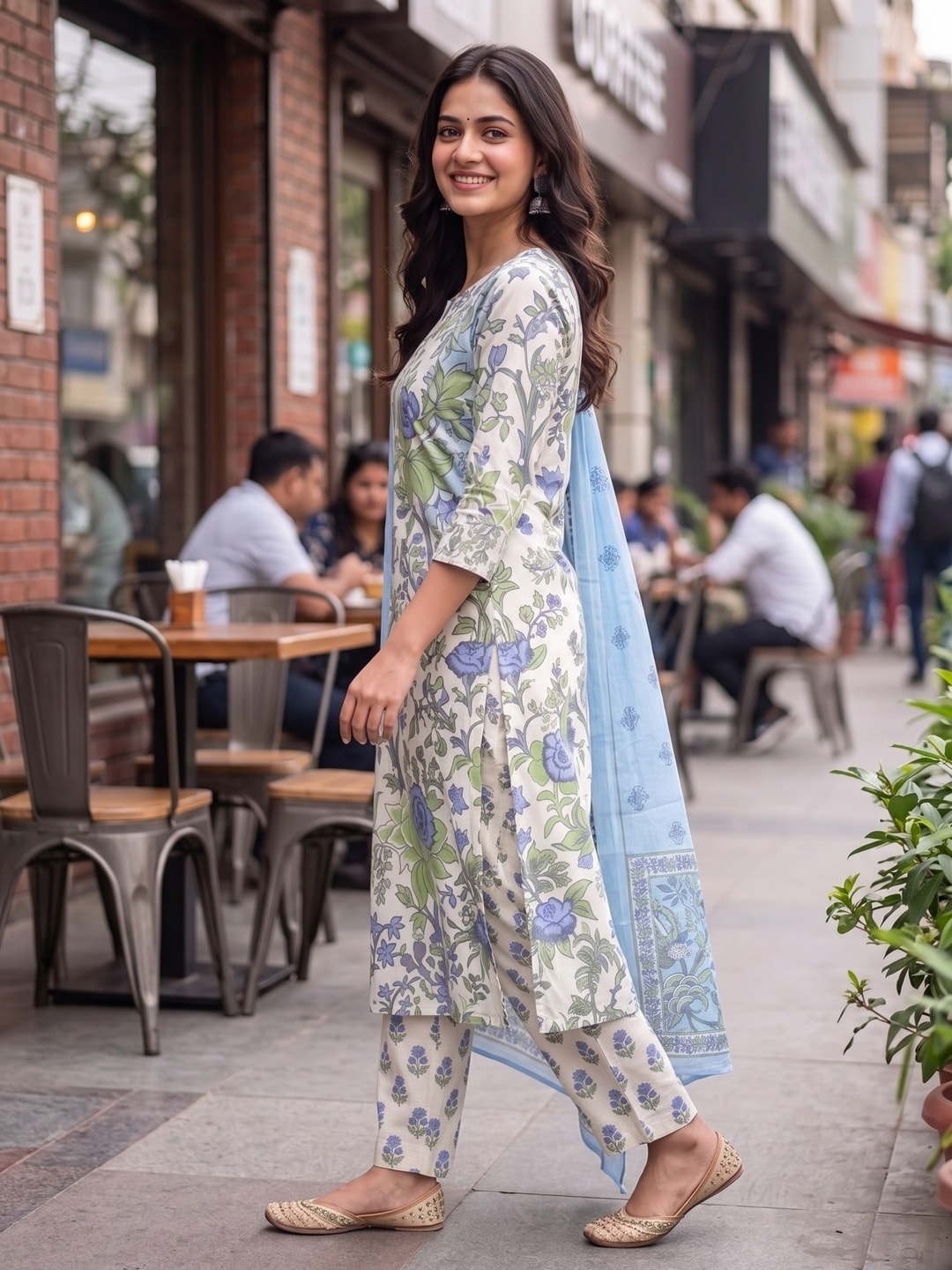 Peachmode SKYBLUE Printed Cotton Unstitched Dress Material With Dupatta - Image 4