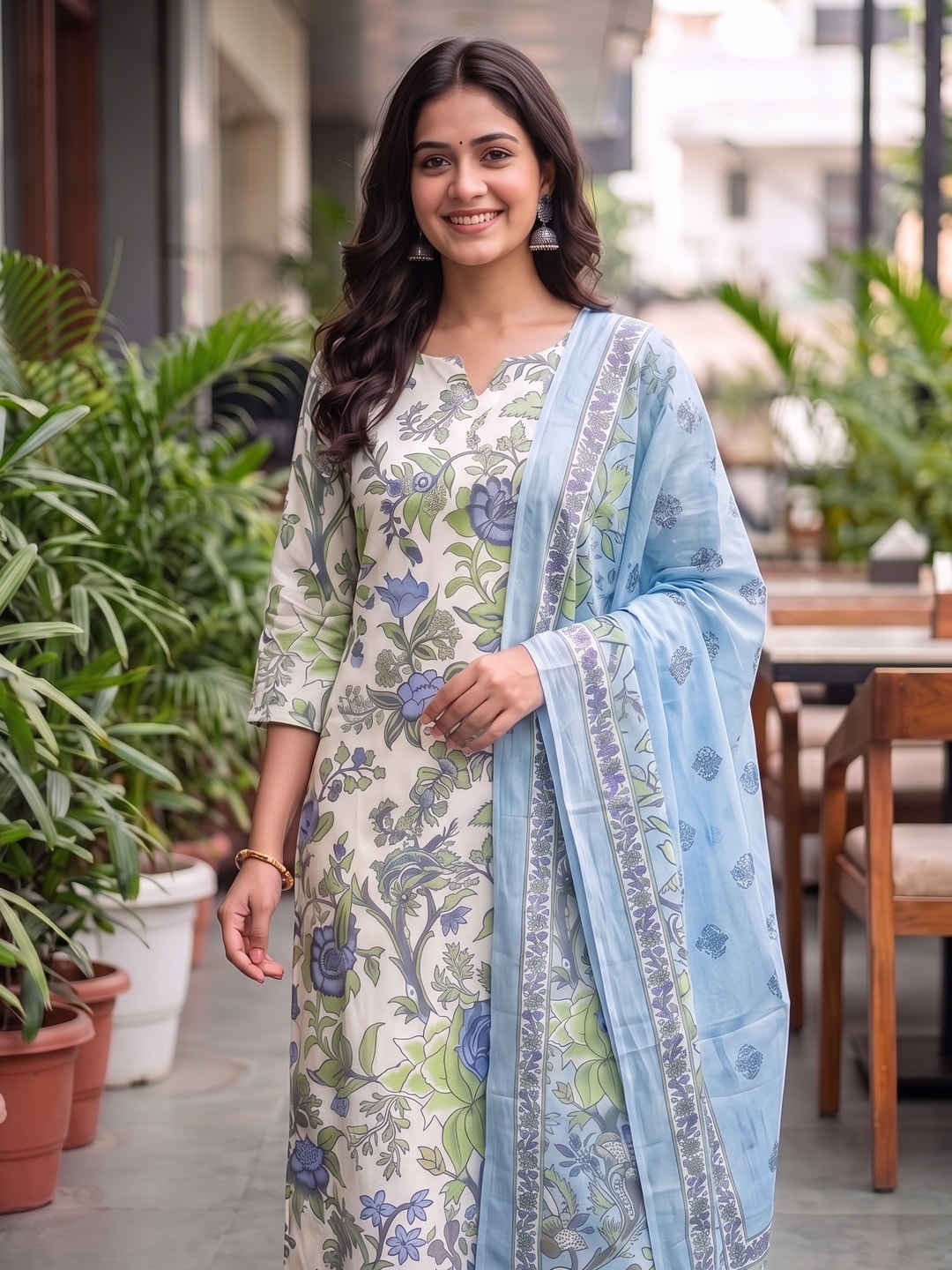 Peachmode SKYBLUE Printed Cotton Unstitched Dress Material With Dupatta - Image 5