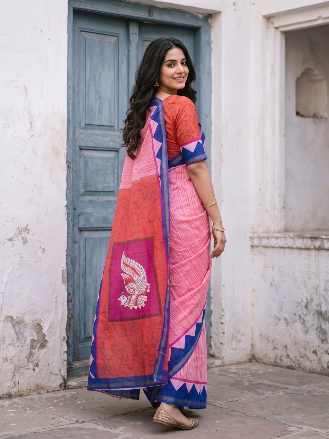 Peachmode Pink Digital Printed Malai Cotton Saree - Image 2