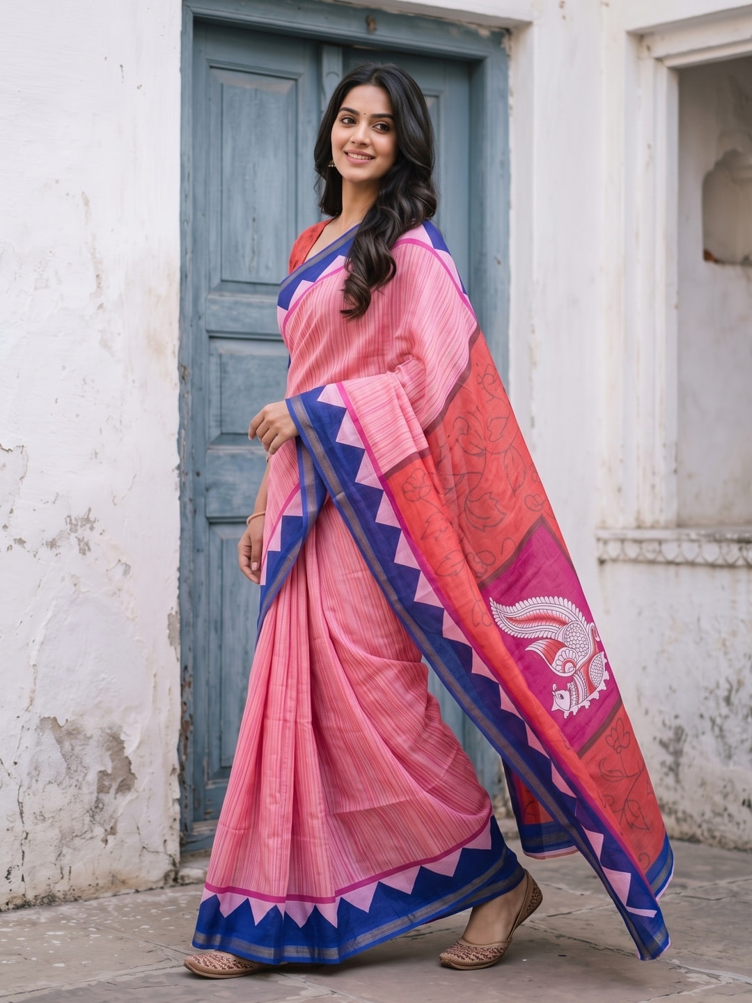 Peachmode Pink Digital Printed Malai Cotton Saree - Image 3