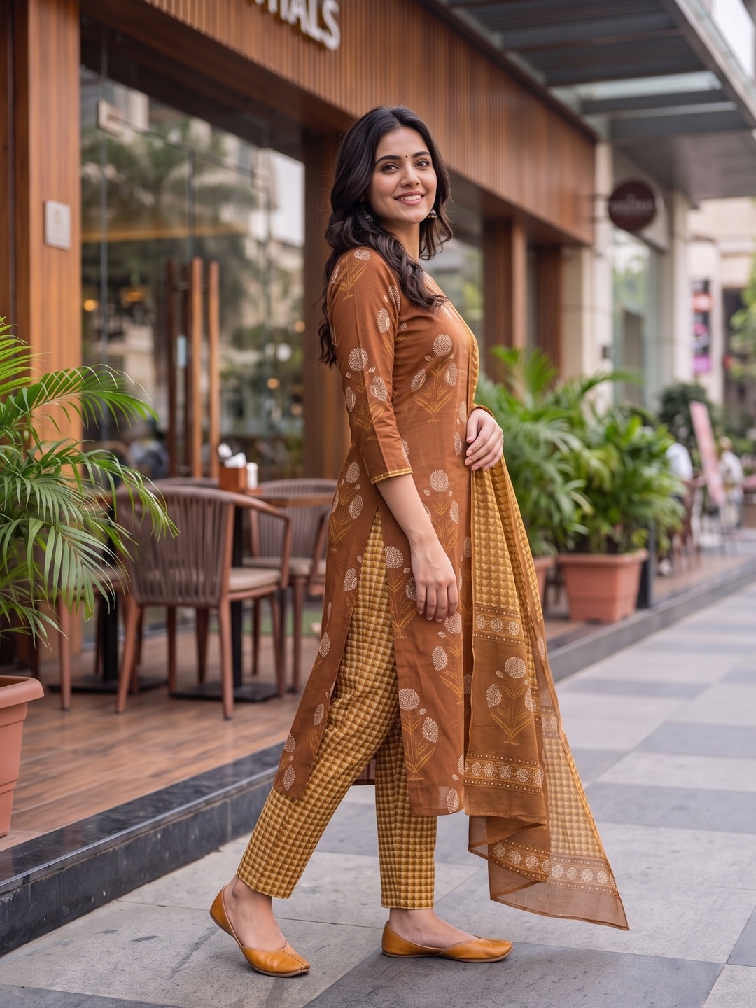 Peachmode Rust Printed Cotton Unstitched Dress Material With Dupatta - Image 4