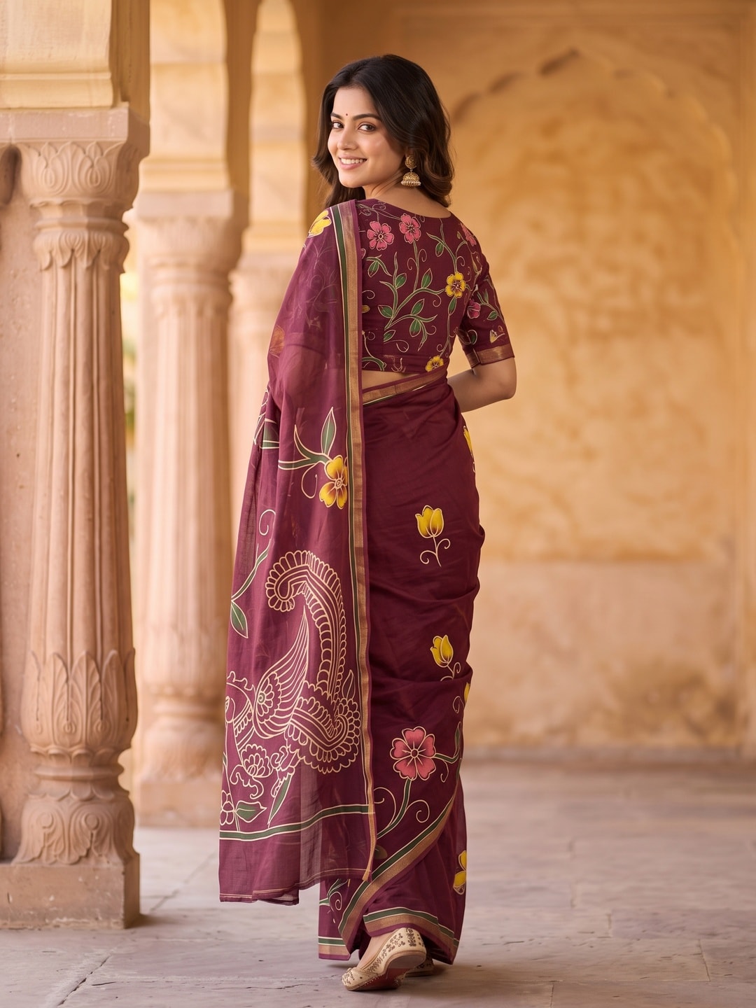 Peachmode Wine Digital Printed Malai Cotton Saree - Image 2