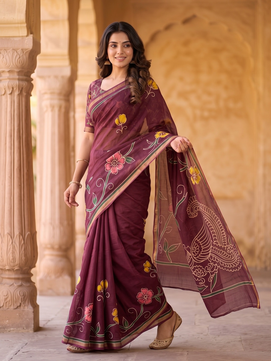 Peachmode Wine Digital Printed Malai Cotton Saree - Image 3