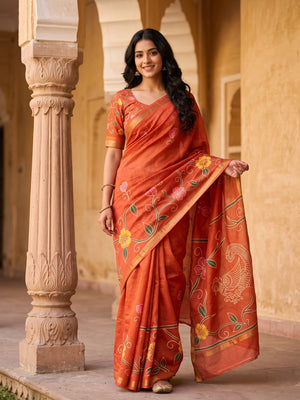 Peachmode Rust Digital Printed Malai Cotton Saree - Image 1