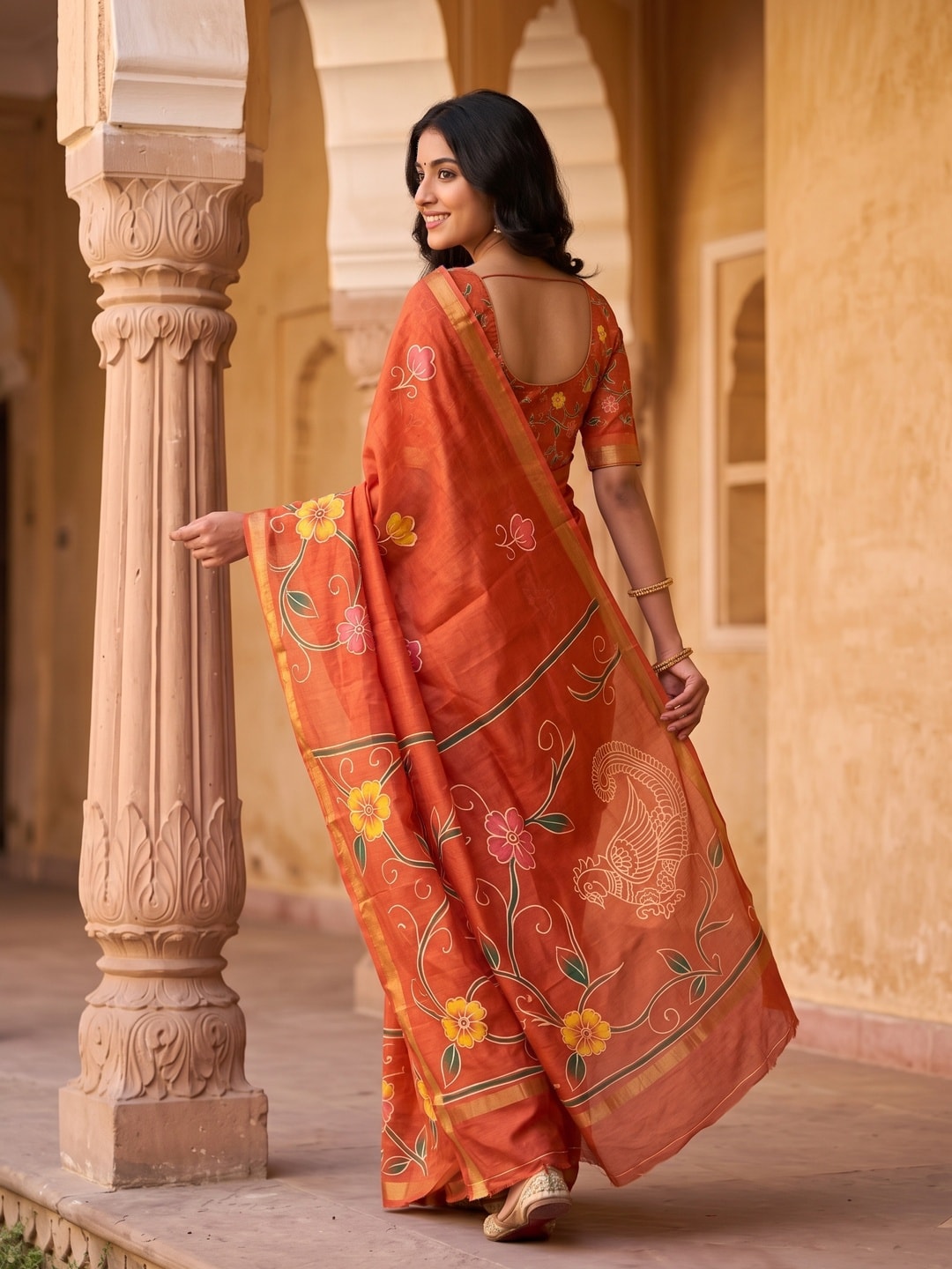 Peachmode Rust Digital Printed Malai Cotton Saree - Image 2