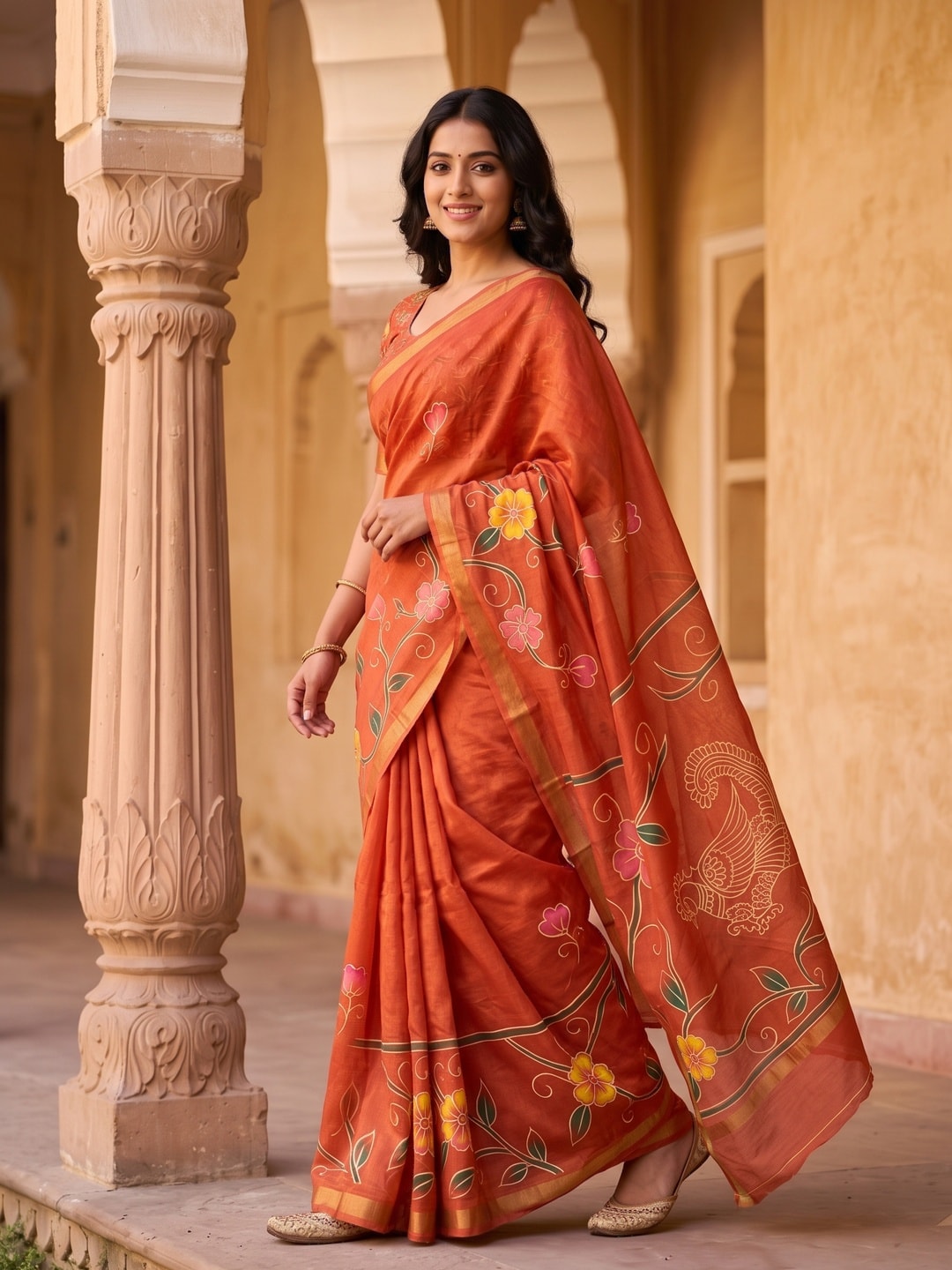 Peachmode Rust Digital Printed Malai Cotton Saree - Image 3