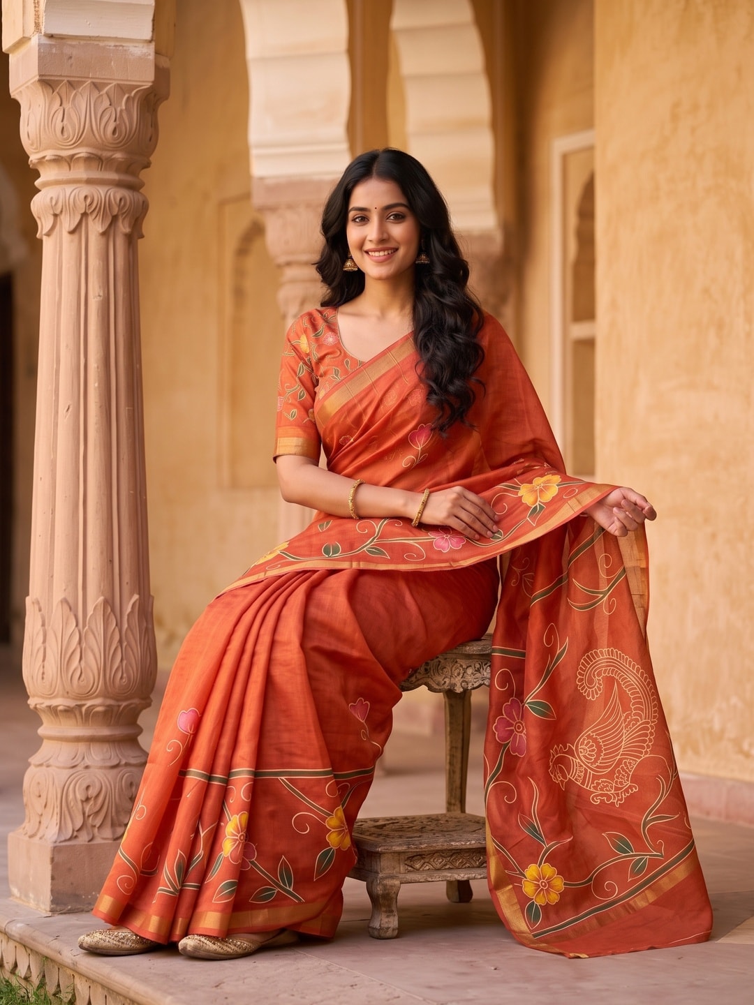 Peachmode Rust Digital Printed Malai Cotton Saree - Image 4