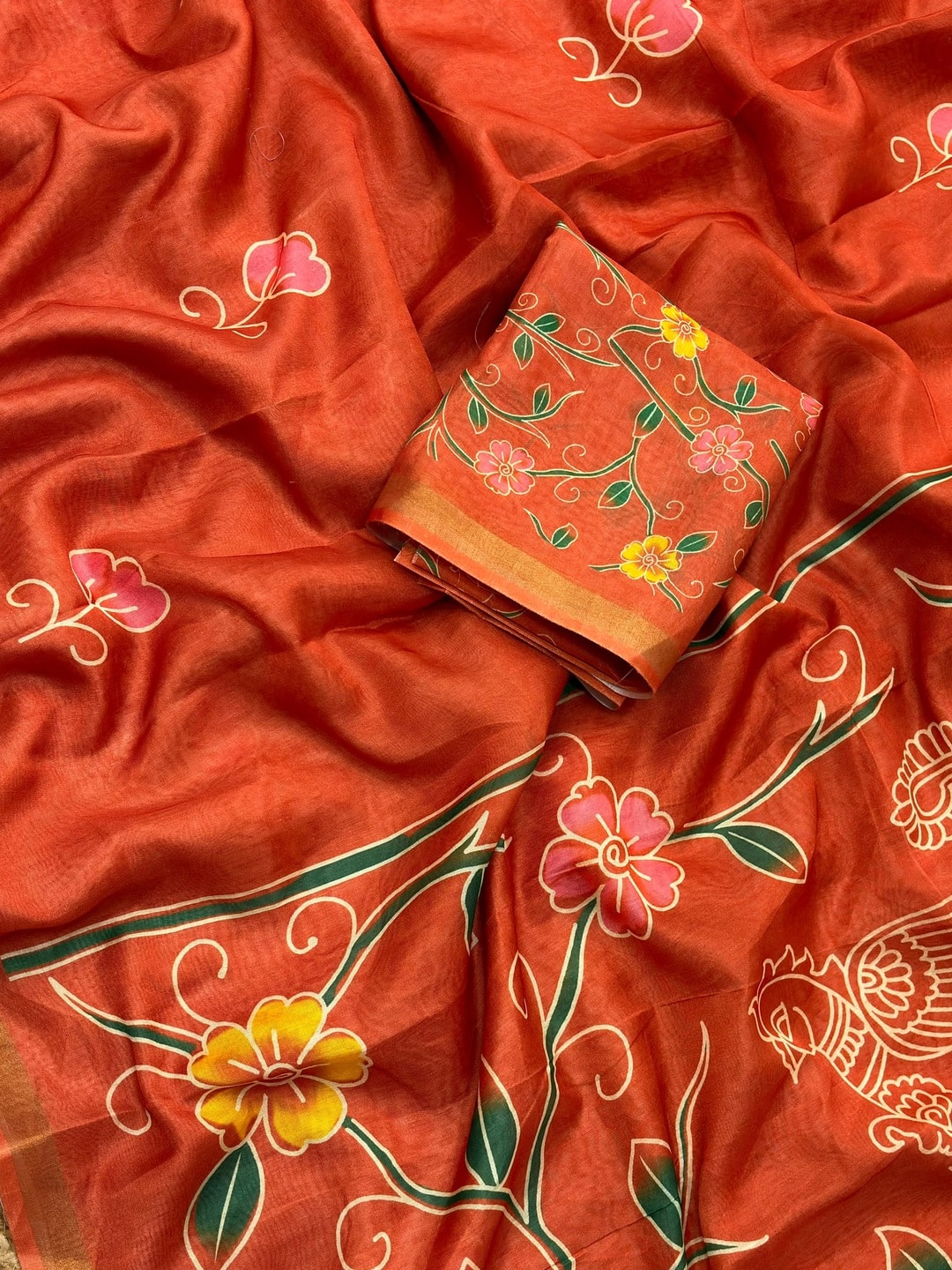 Peachmode Rust Digital Printed Malai Cotton Saree - Image 5