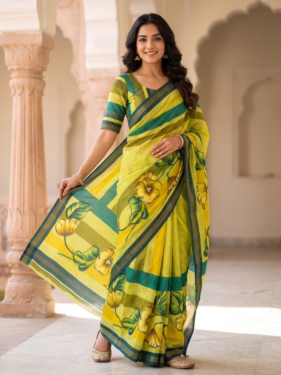 Peachmode Lime Yellow Digital Printed Malai Cotton Saree - Image 1