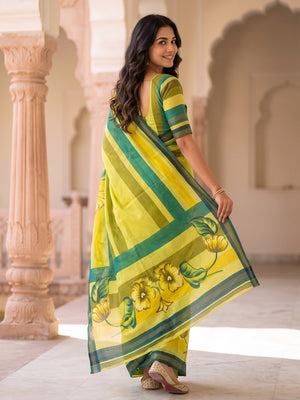 Peachmode Lime Yellow Digital Printed Malai Cotton Saree - Image 2