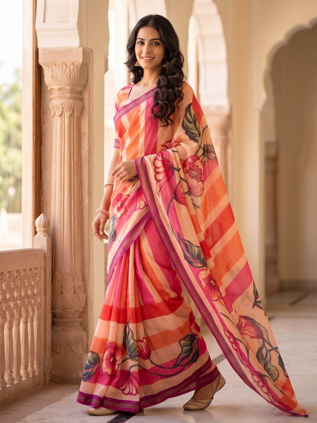 Peachmode Peach Digital Printed Malai Cotton Saree - Image 3