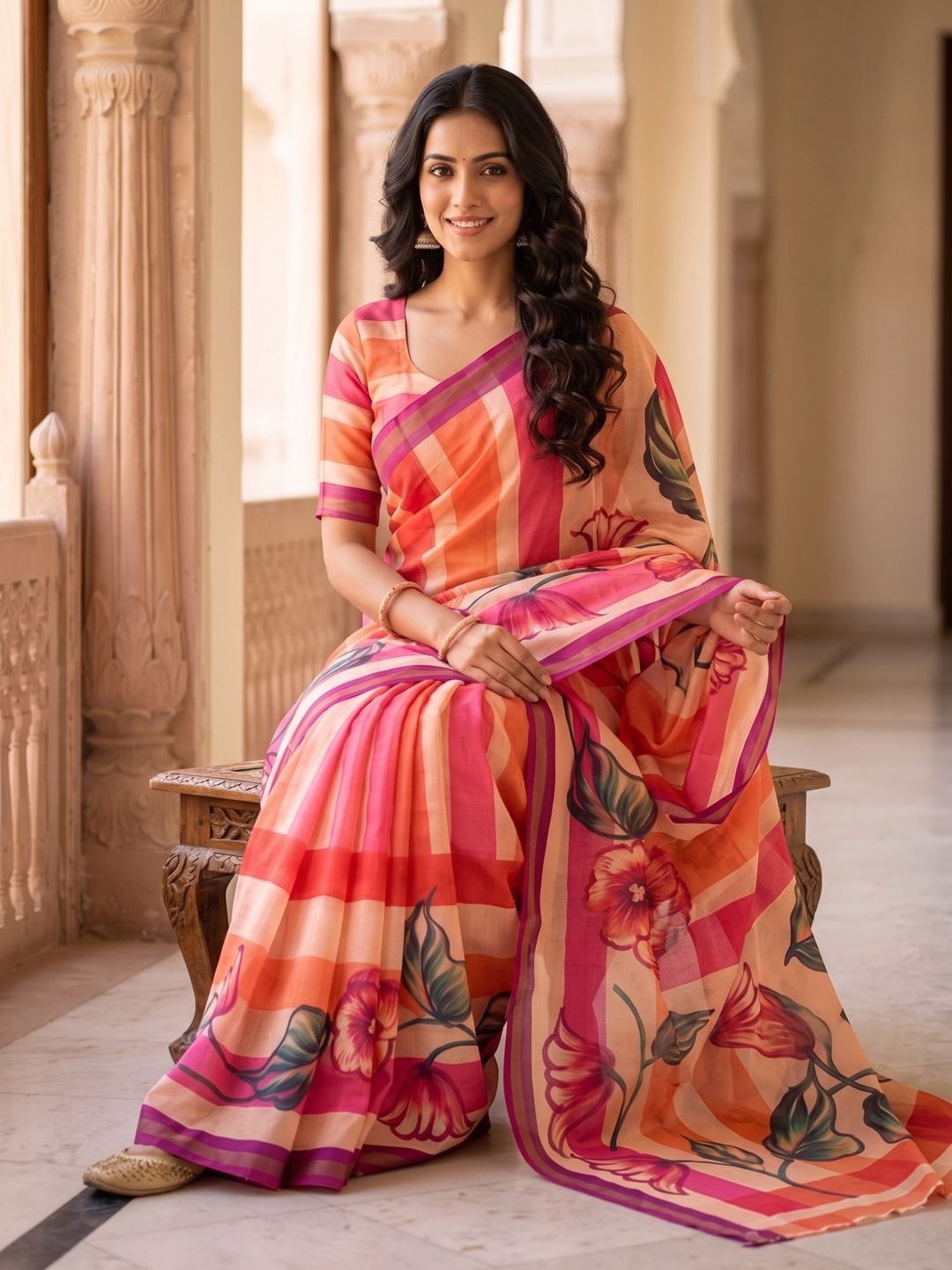 Peachmode Peach Digital Printed Malai Cotton Saree - Image 4