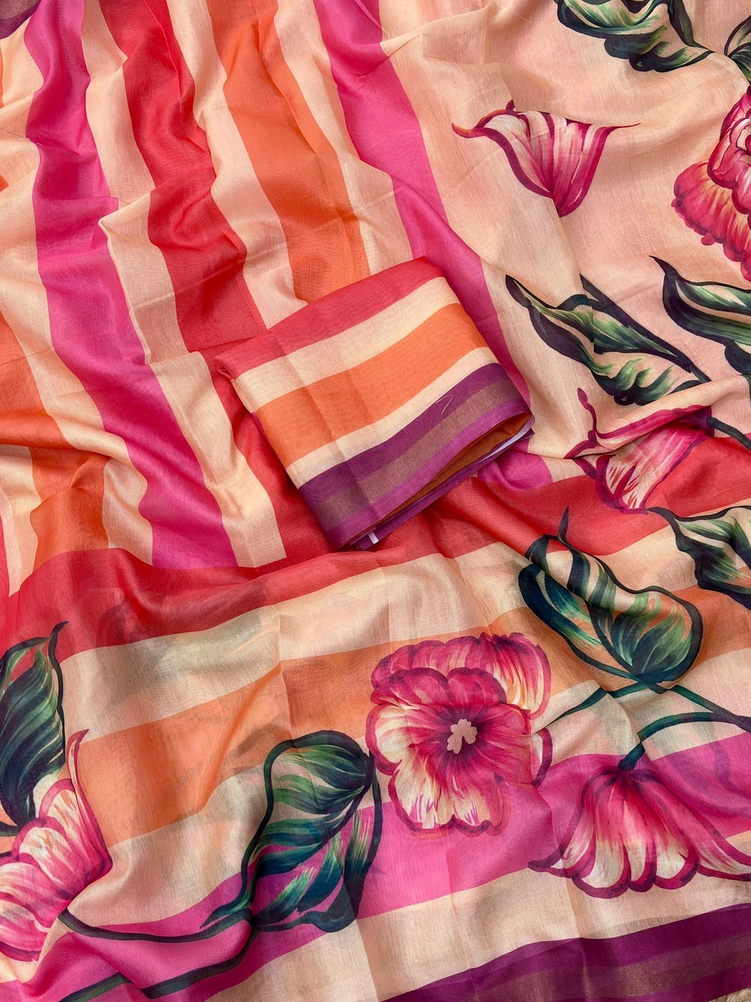 Peachmode Peach Digital Printed Malai Cotton Saree - Image 5