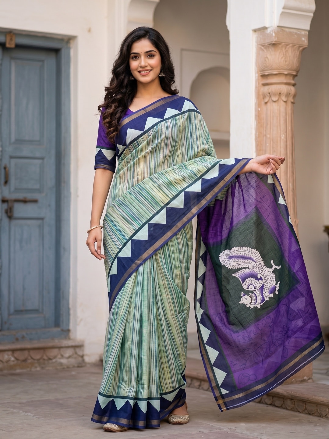 Peachmode Mint Green Digital Printed Malai Cotton Saree - Image 1