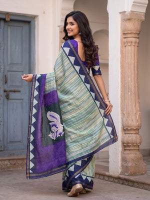 Peachmode Mint Green Digital Printed Malai Cotton Saree - Image 2