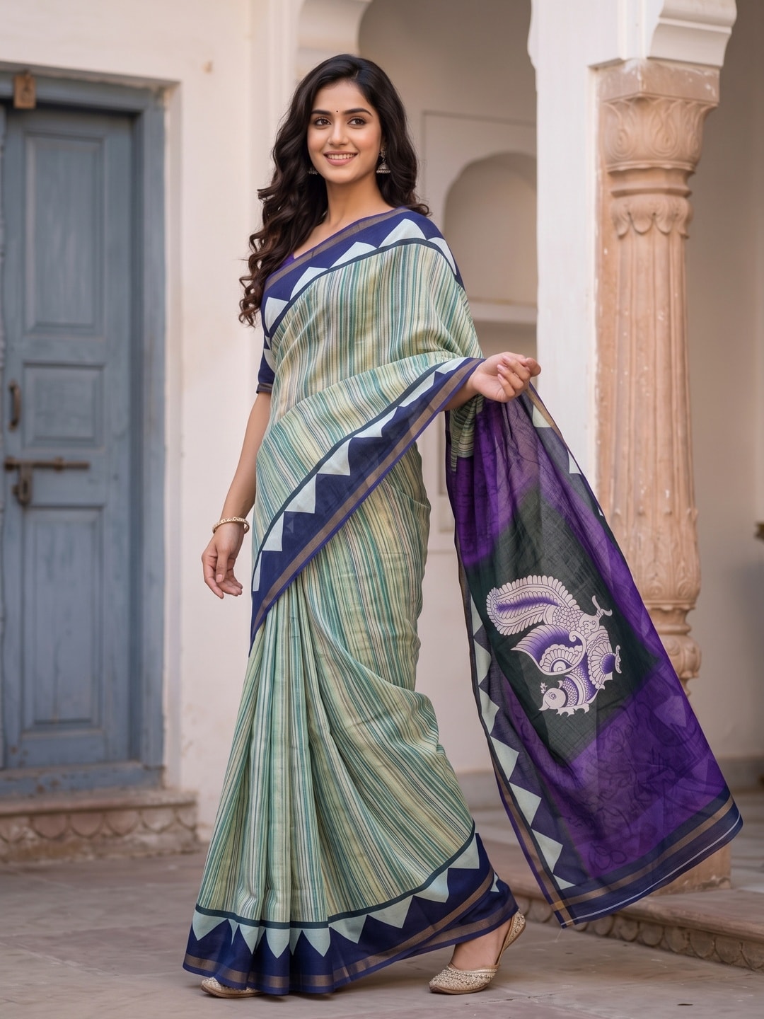 Peachmode Mint Green Digital Printed Malai Cotton Saree - Image 3