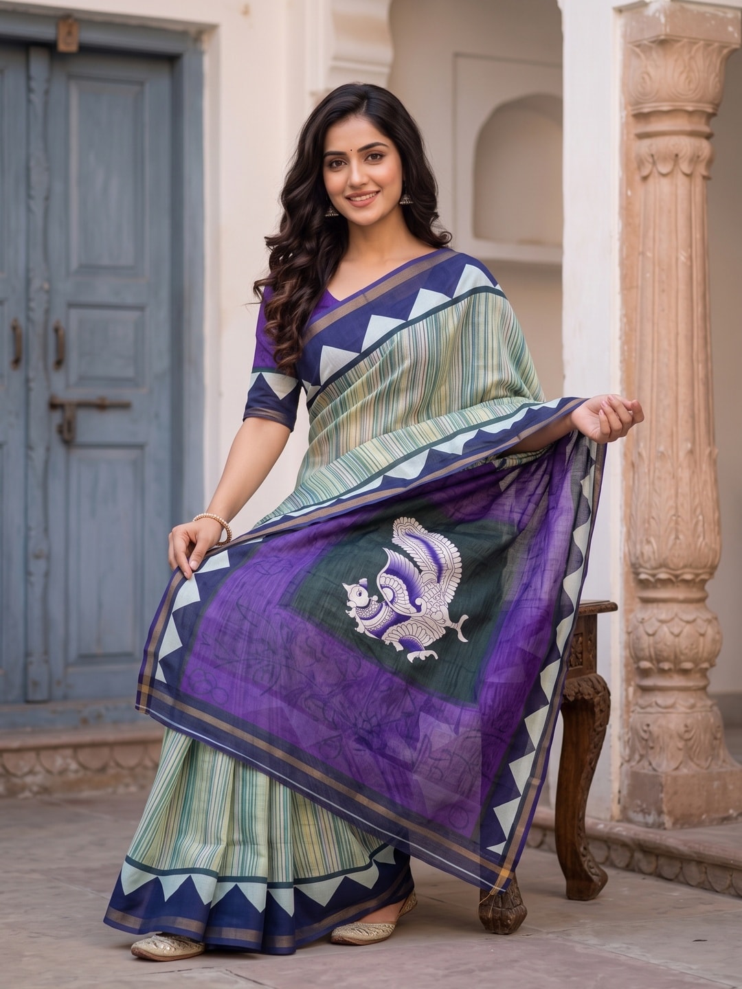 Peachmode Mint Green Digital Printed Malai Cotton Saree - Image 4