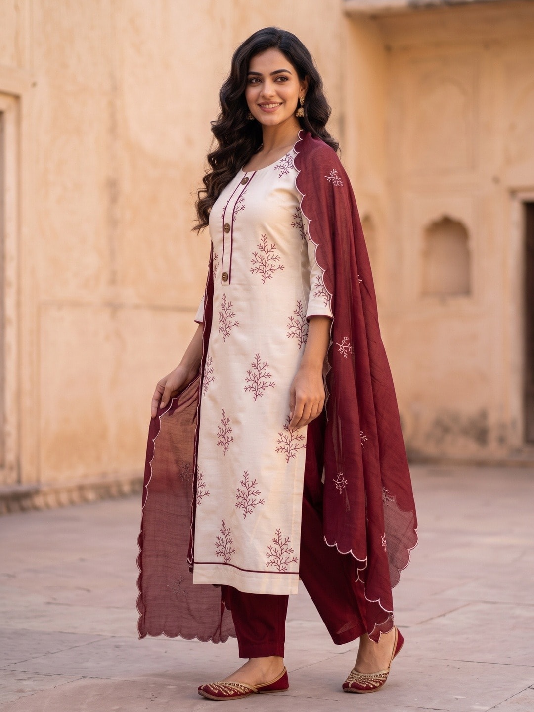 Peachmode Maroon Roman Silk Unstitched Dress Material With Multi Sequence Work And Chanderi Silk Dupatta - Image 3
