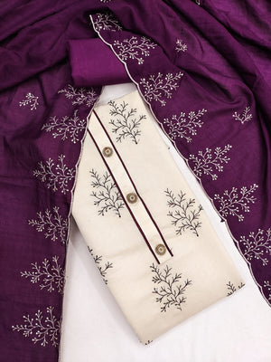 Peachmode Purple Roman Silk Unstitched Dress Material With Multi Sequence Work And Chanderi Silk Dupatta - Image 1