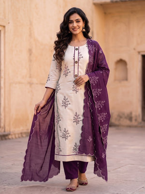 Peachmode Purple Roman Silk Unstitched Dress Material With Multi Sequence Work And Chanderi Silk Dupatta - Image 2