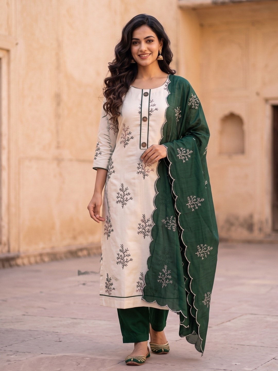 Peachmode Bottle Green Roman Silk Unstitched Dress Material With Multi Sequence Work And Chanderi Silk Dupatta - Image 2