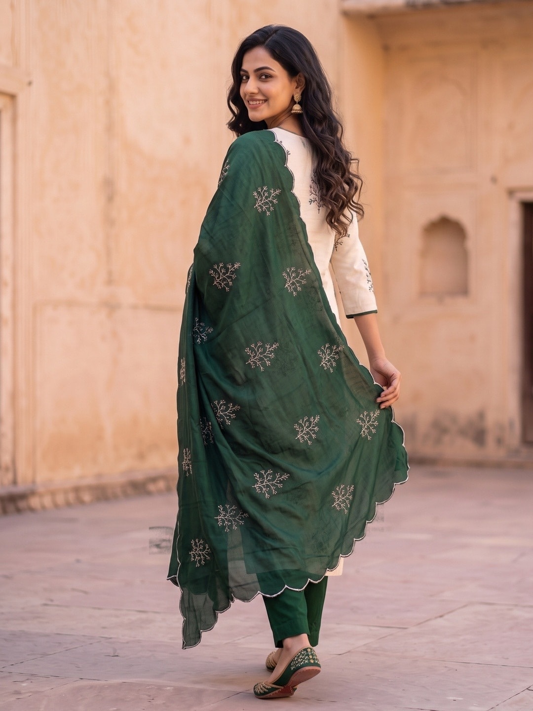 Peachmode Bottle Green Roman Silk Unstitched Dress Material With Multi Sequence Work And Chanderi Silk Dupatta - Image 4