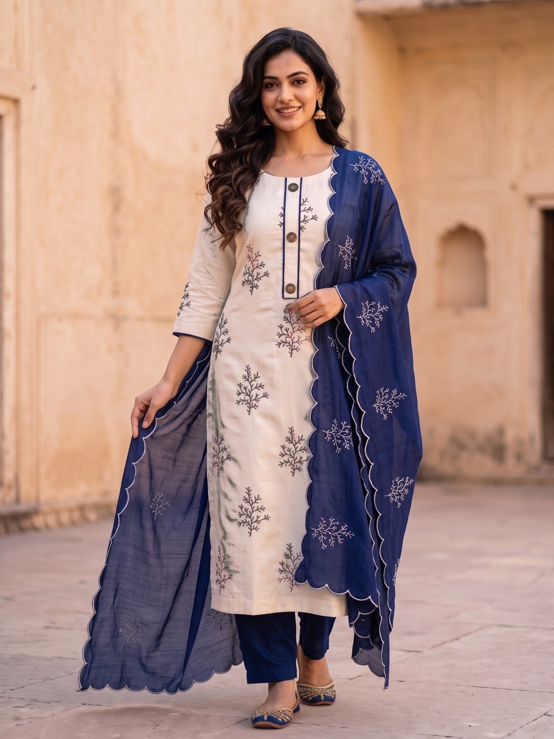 Peachmode Navy Blue Roman Silk Unstitched Dress Material With Multi Sequence Work And Chanderi Silk Dupatta - Image 2