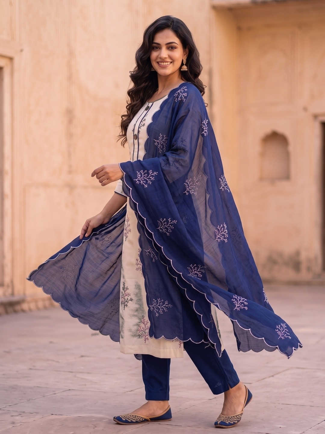 Peachmode Navy Blue Roman Silk Unstitched Dress Material With Multi Sequence Work And Chanderi Silk Dupatta - Image 3