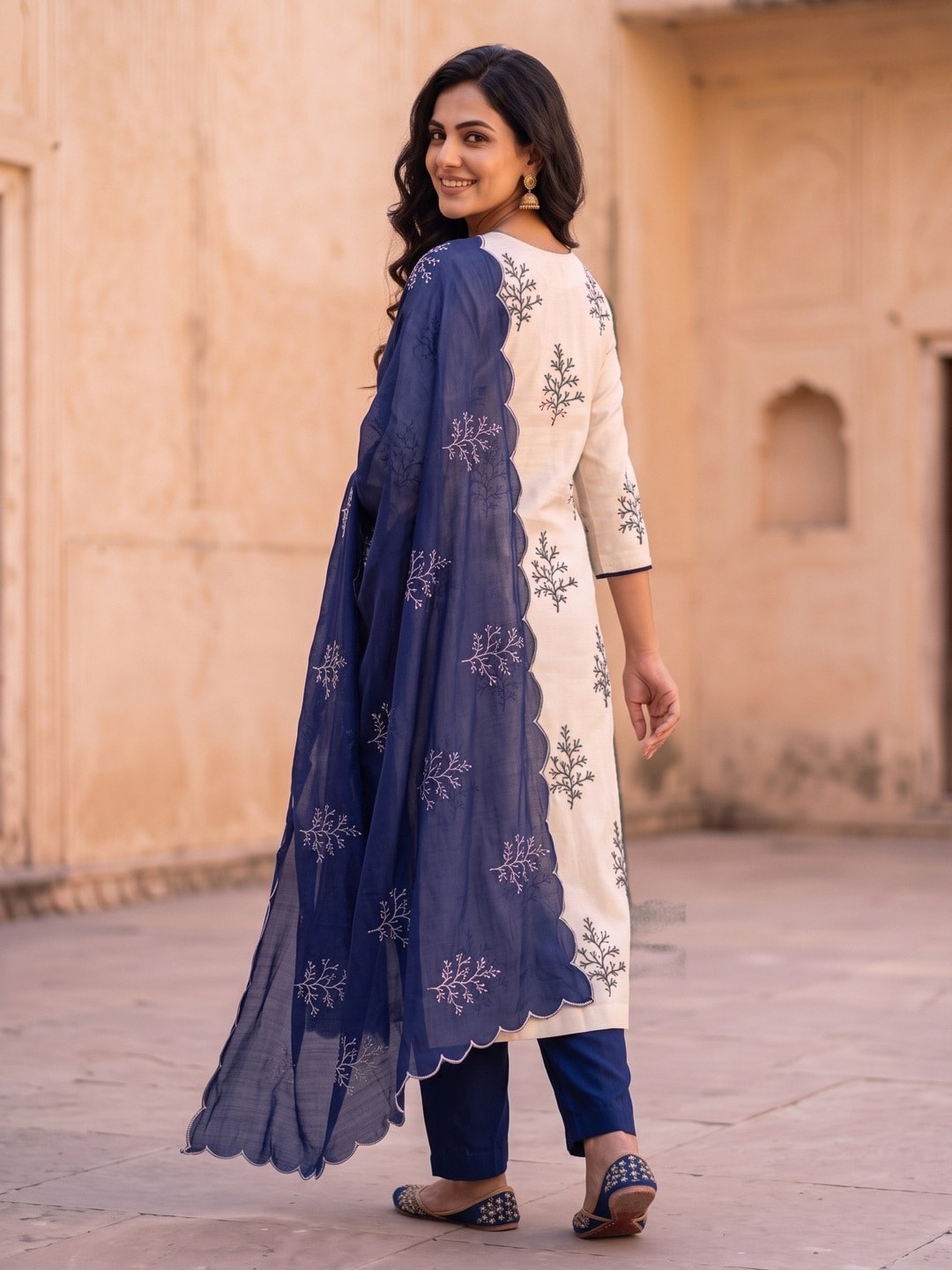 Peachmode Navy Blue Roman Silk Unstitched Dress Material With Multi Sequence Work And Chanderi Silk Dupatta - Image 4