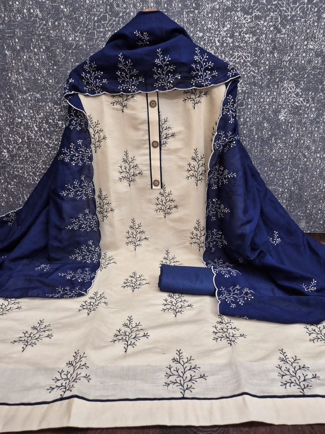 Peachmode Navy Blue Roman Silk Unstitched Dress Material With Multi Sequence Work And Chanderi Silk Dupatta - Image 5