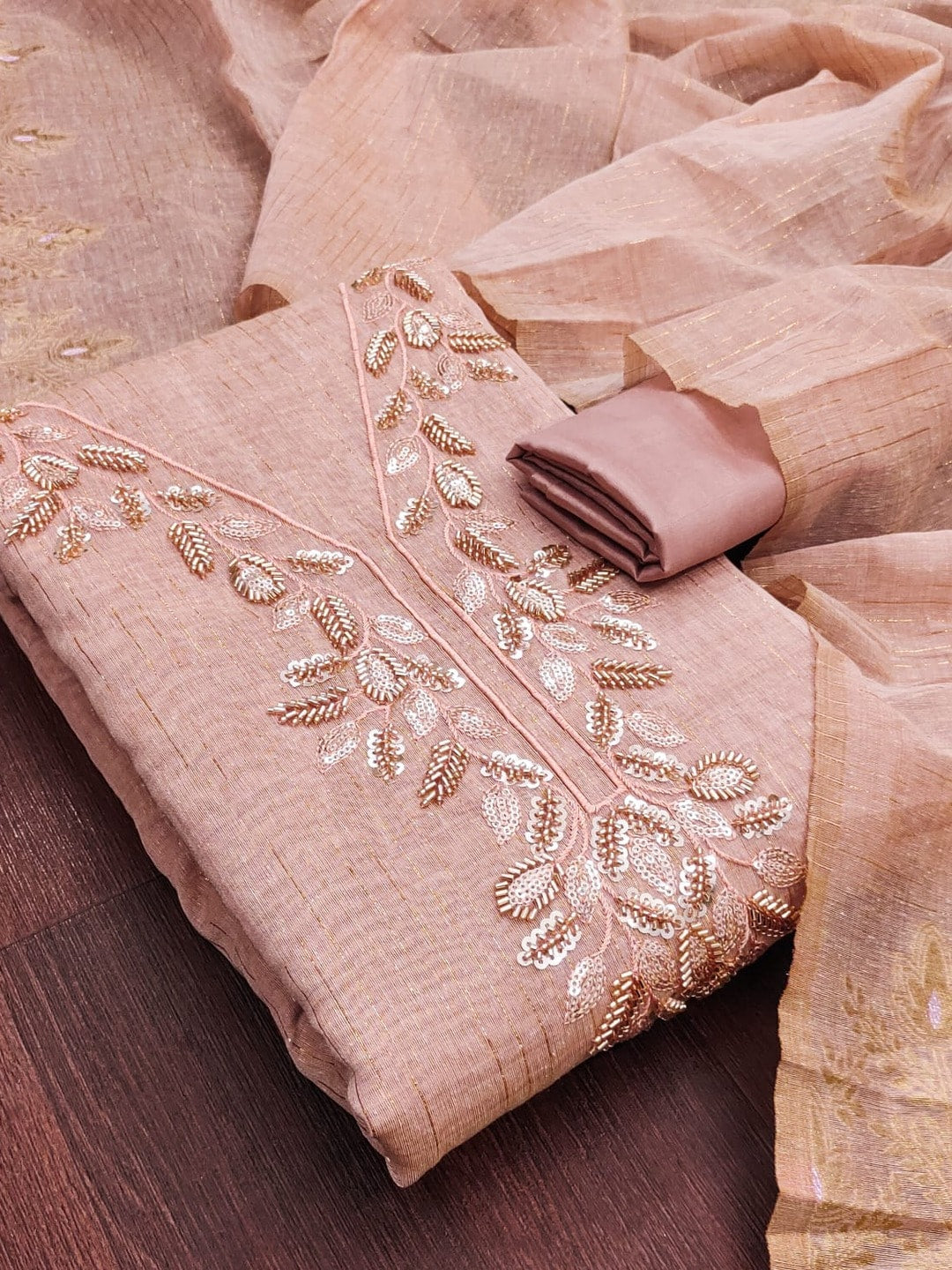 Peachmode Peach Jamdani Silk Unstitched Dress Material With Beads And Thread Neck Work And Jamdani Silk Jacquard Dupatta - Image 1