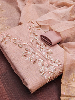 Peachmode Peach Jamdani Silk Unstitched Dress Material With Beads And Thread Neck Work And Jamdani Silk Jacquard Dupatta - Image 1