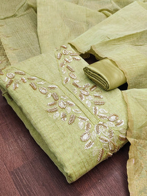 Peachmode Lime Green Jamdani Silk Unstitched Dress Material With Beads And Thread Neck Work And Jamdani Silk Jacquard Dupatta - Image 1