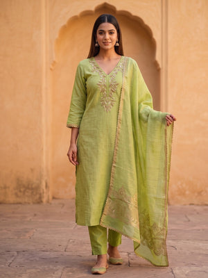Peachmode Lime Green Jamdani Silk Unstitched Dress Material With Beads And Thread Neck Work And Jamdani Silk Jacquard Dupatta - Image 2