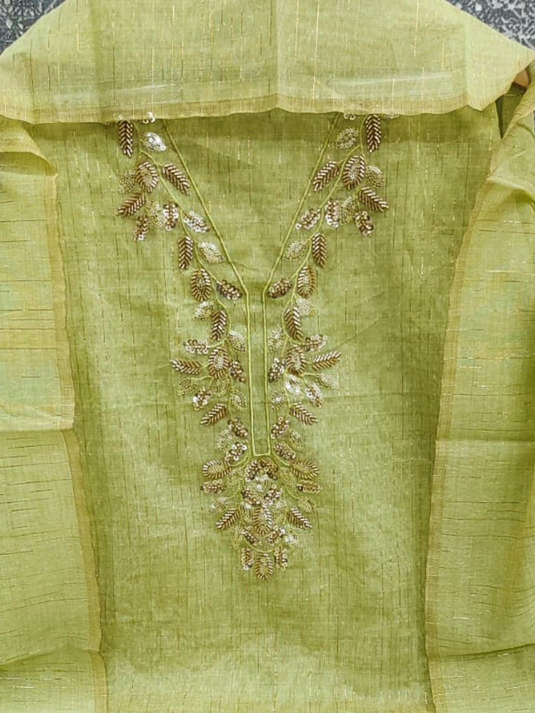 Peachmode Lime Green Jamdani Silk Unstitched Dress Material With Beads And Thread Neck Work And Jamdani Silk Jacquard Dupatta - Image 4