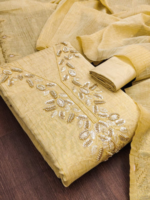 Peachmode Yellow Jamdani Silk Unstitched Dress Material With Beads And Thread Neck Work And Jamdani Silk Jacquard Dupatta - Image 1