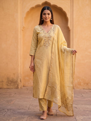 Peachmode Yellow Jamdani Silk Unstitched Dress Material With Beads And Thread Neck Work And Jamdani Silk Jacquard Dupatta - Image 2