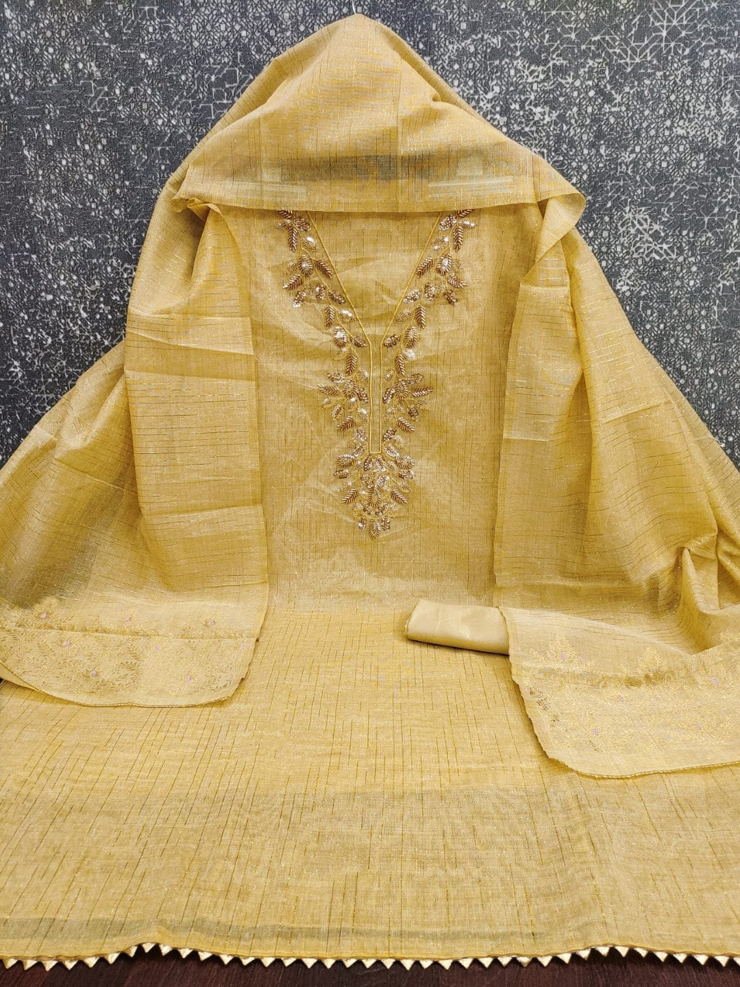 Peachmode Yellow Jamdani Silk Unstitched Dress Material With Beads And Thread Neck Work And Jamdani Silk Jacquard Dupatta - Image 3
