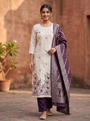 Peachmode Purple Roman Silk Unstitched Dress Material With Multi Sequence Floral Embroidery And Banarasi Silk Jacquard Dupatta - Image 2