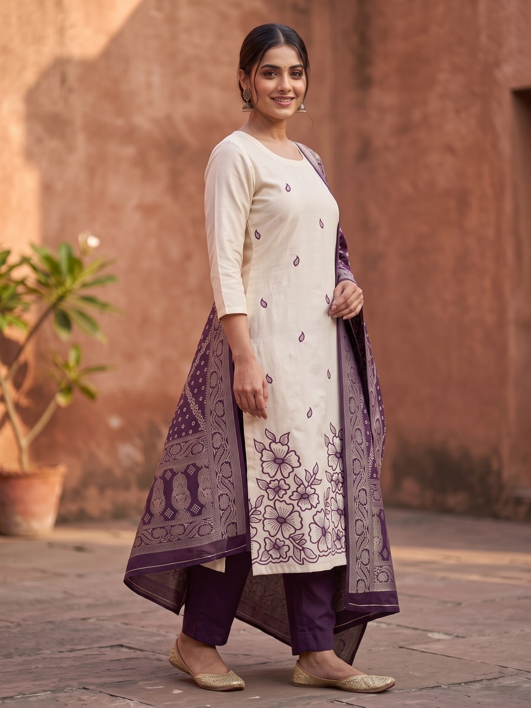 Peachmode Purple Roman Silk Unstitched Dress Material With Multi Sequence Floral Embroidery And Banarasi Silk Jacquard Dupatta - Image 3