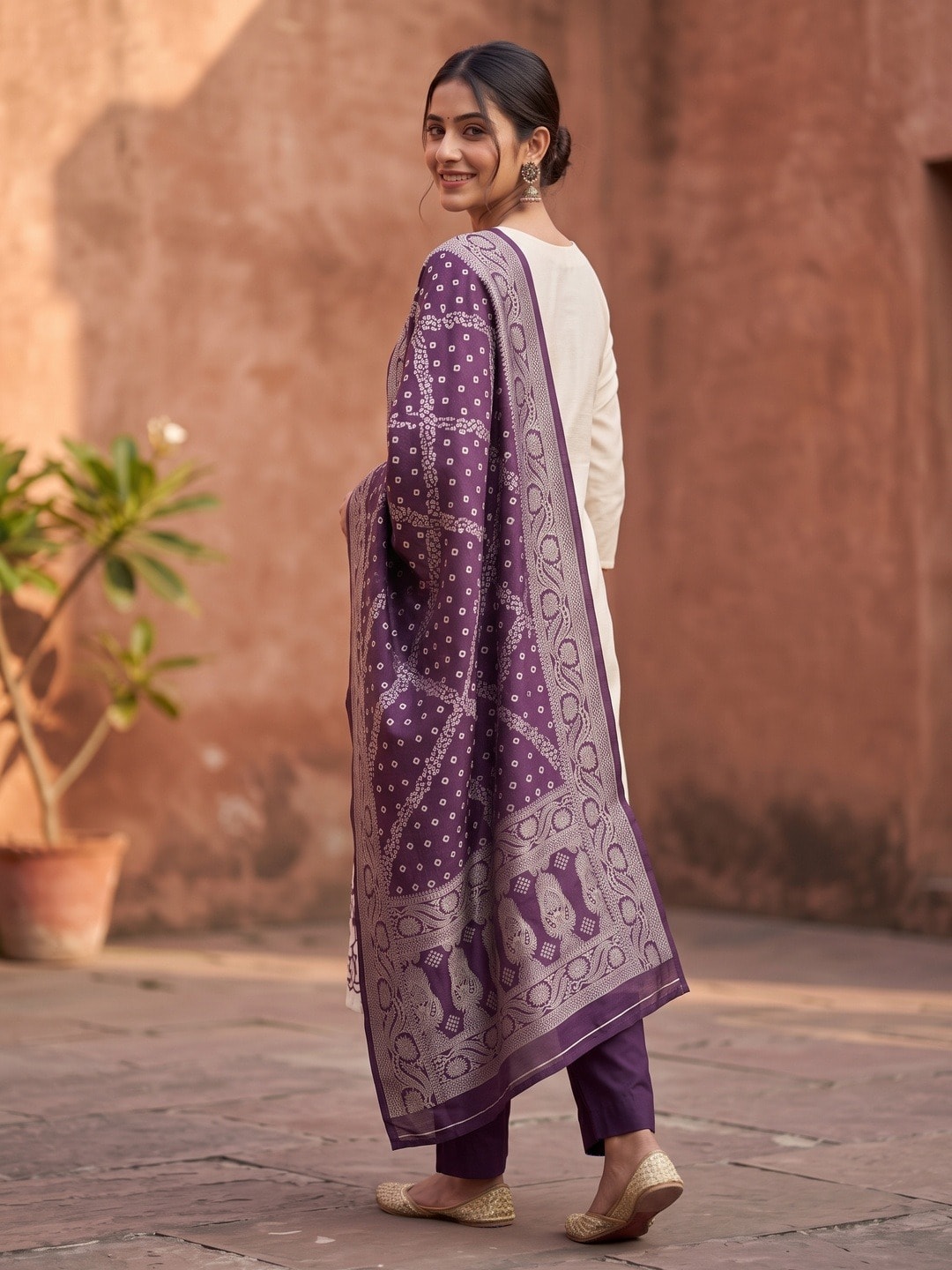Peachmode Purple Roman Silk Unstitched Dress Material With Multi Sequence Floral Embroidery And Banarasi Silk Jacquard Dupatta - Image 4