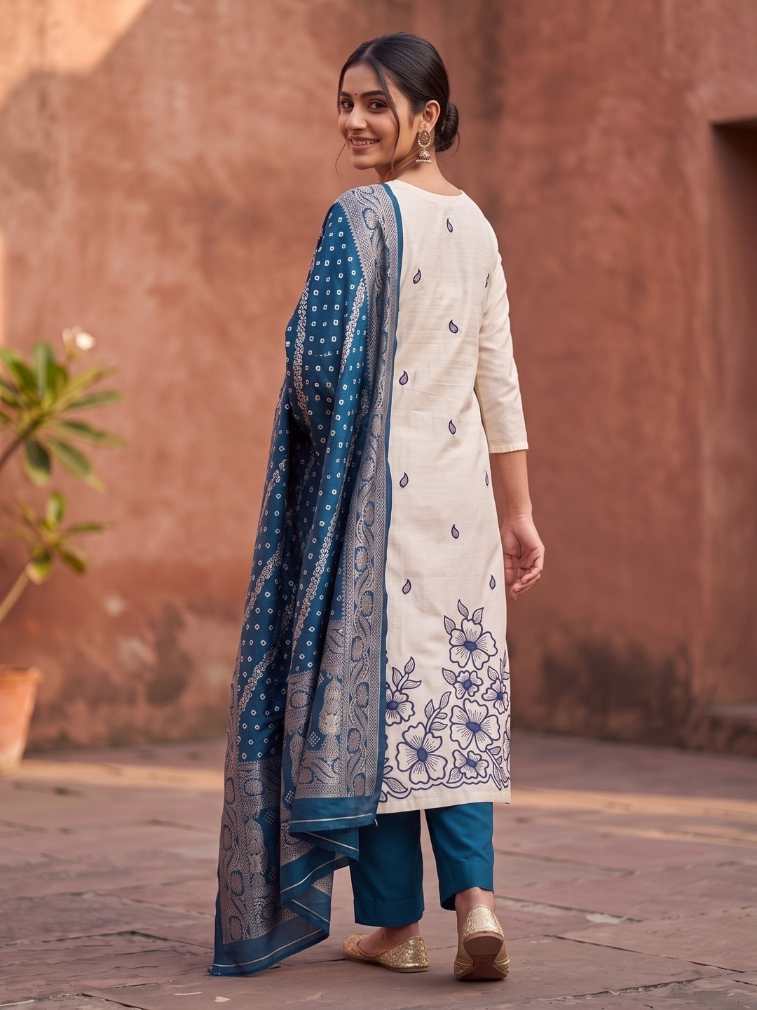 Peachmode Peacock Blue Roman Silk Unstitched Dress Material With Multi Sequence Floral Embroidery And Banarasi Silk Jacquard Dupatta - Image 4