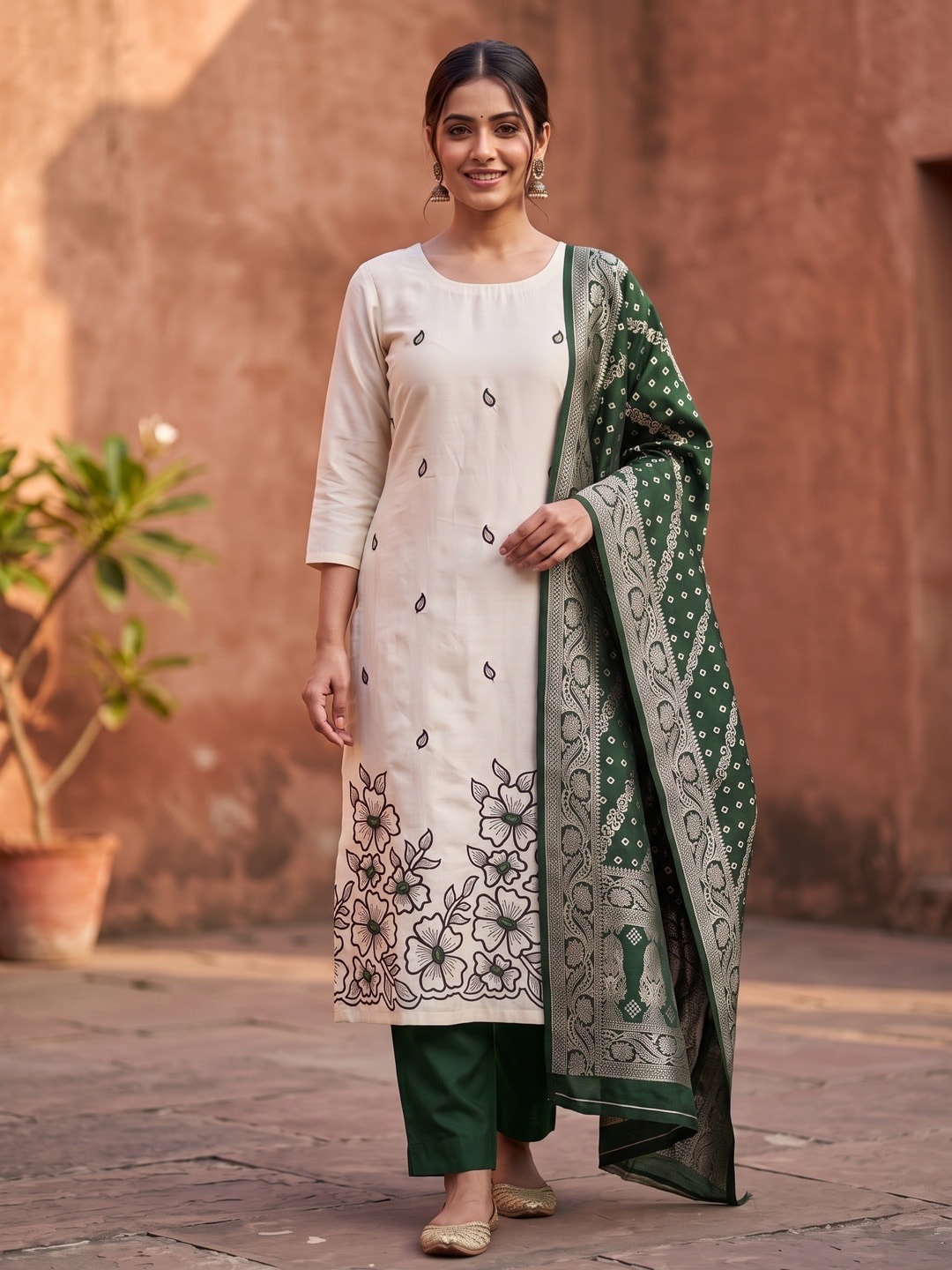 Peachmode Bottle Green Roman Silk Unstitched Dress Material With Multi Sequence Floral Embroidery And Banarasi Silk Jacquard Dupatta - Image 2