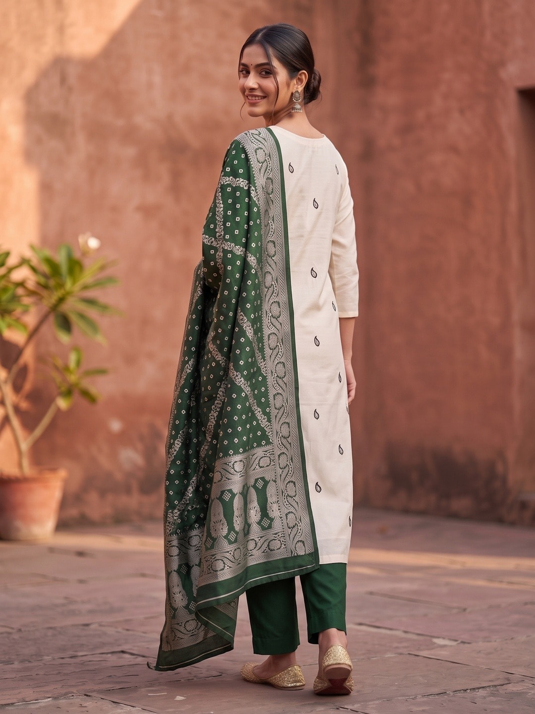 Peachmode Bottle Green Roman Silk Unstitched Dress Material With Multi Sequence Floral Embroidery And Banarasi Silk Jacquard Dupatta - Image 4