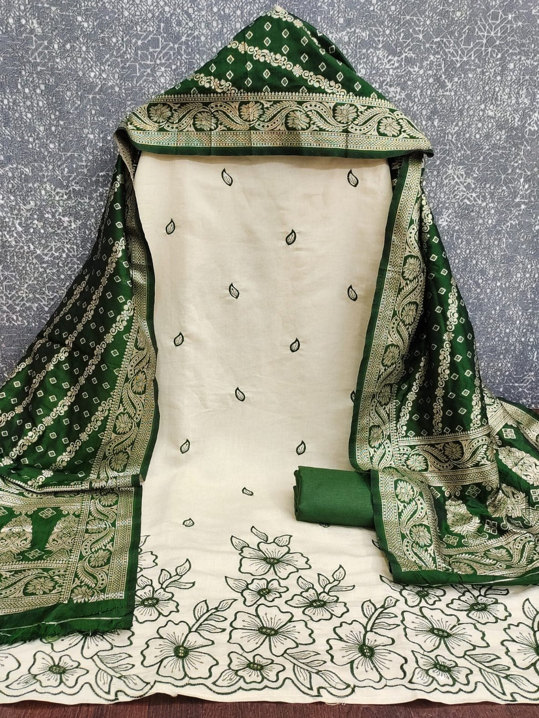Peachmode Bottle Green Roman Silk Unstitched Dress Material With Multi Sequence Floral Embroidery And Banarasi Silk Jacquard Dupatta - Image 5