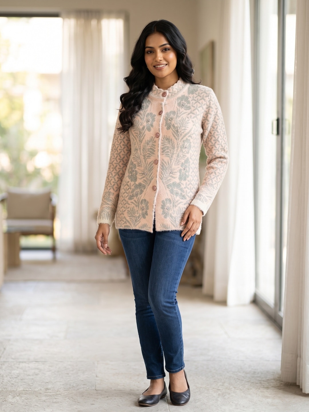 Peachmode Pink Floral Jacquard Woolen Cardigan - Image 1