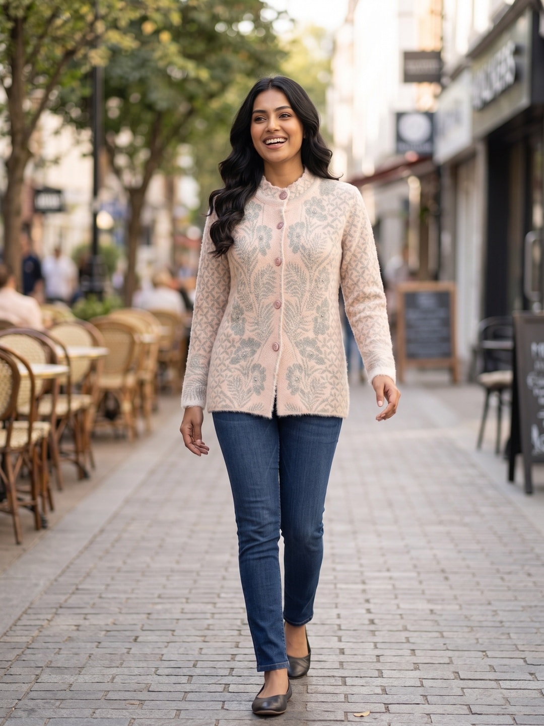 Peachmode Pink Floral Jacquard Woolen Cardigan - Image 5