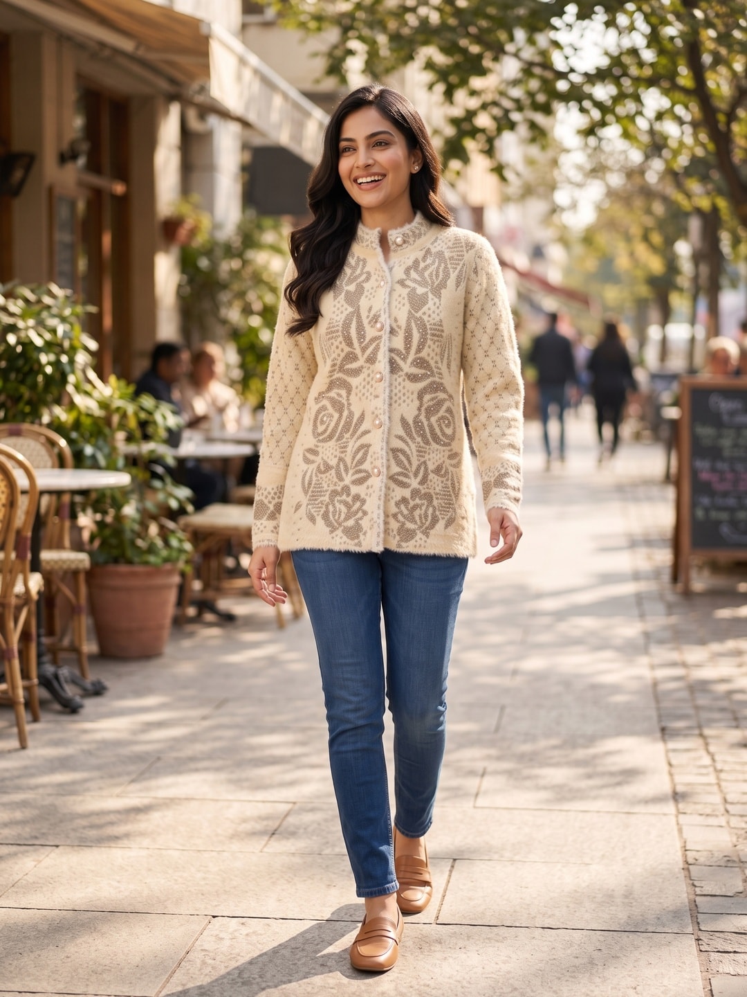Peachmode Beige Rose Jacquard Pearl Woolen Cardigan - Image 5