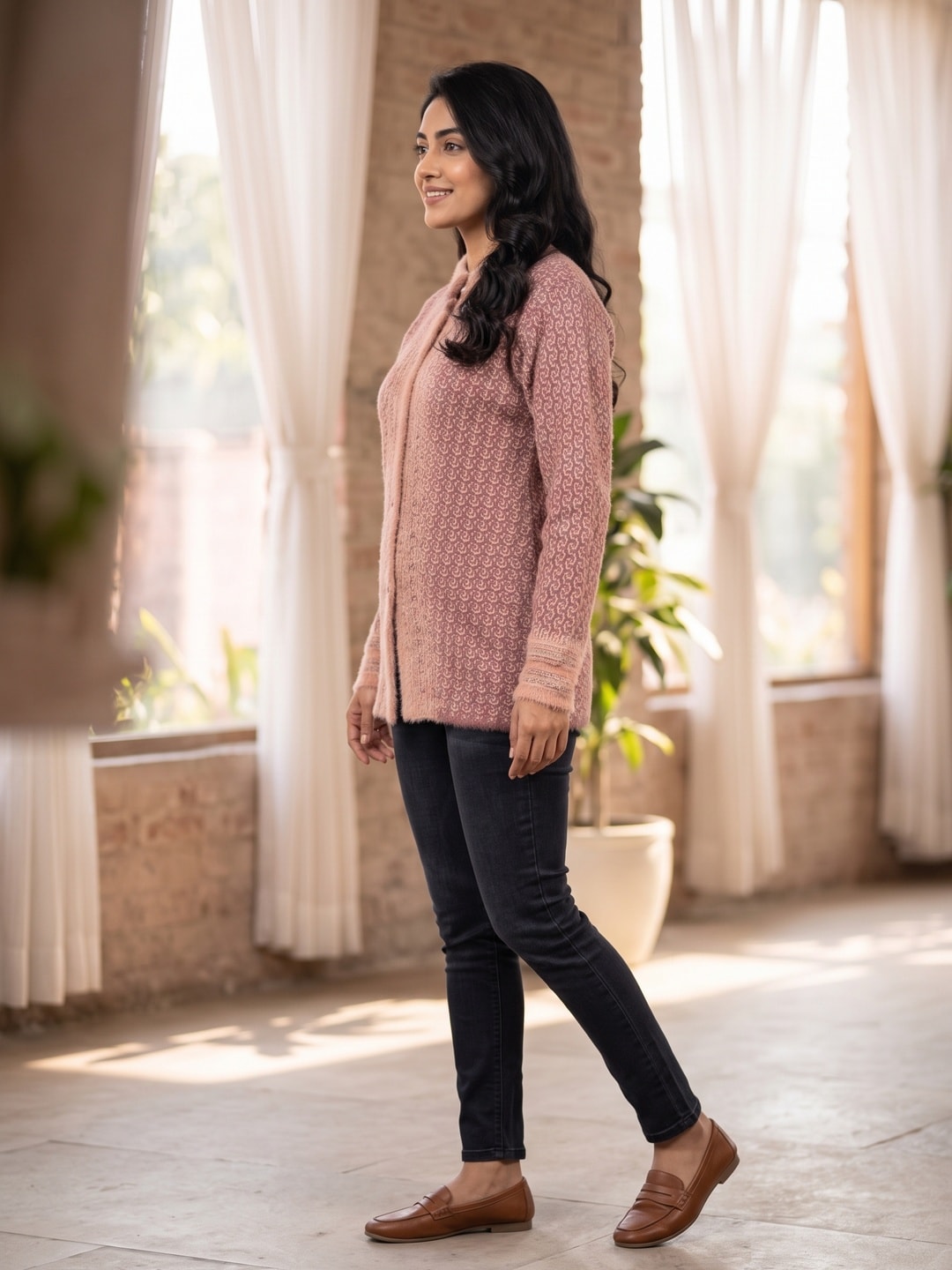 Peachmode Mauve Paisley Jacquard Woolen Cardigan - Image 3