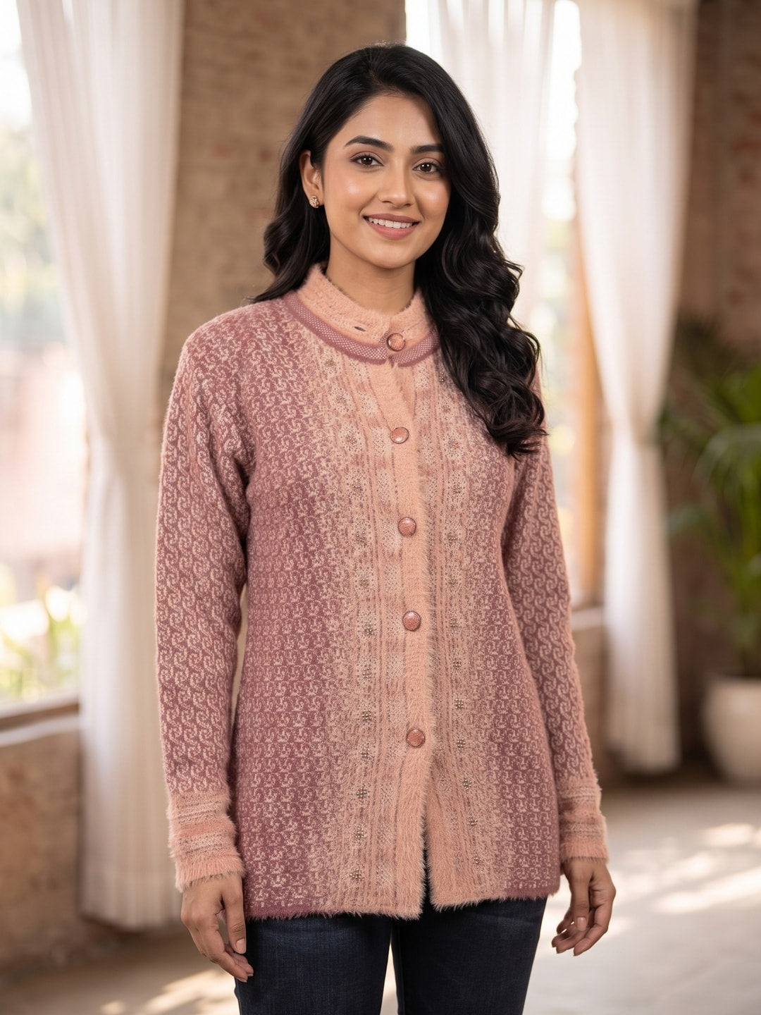 Peachmode Mauve Paisley Jacquard Woolen Cardigan - Image 4